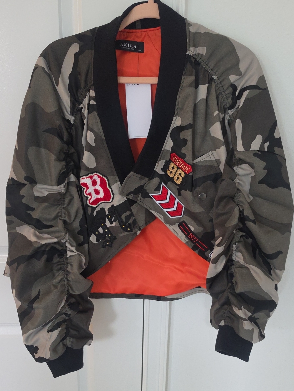 AKIRA Camo Bomber Jacket with Orange Lining and Patch Details